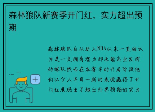 森林狼队新赛季开门红，实力超出预期